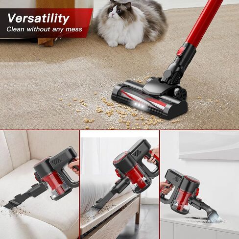 Cordless Vacuum Cleaner with Bendable Wand, Lightweight Stick Vacuum for Home Hardwood Floor Carpet Pet Hair, Brushless Motor, LED Headlight, Self-Standing, Rechargeable (Black & Red) in Saudi Arabia