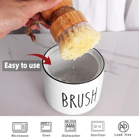 ONTUBE Ceramic Dish Brush Holder, Farmhouse Scrub Brush Holder Dishwashing Brush Stand, Soap Dispensing Kitchen Brushes Holder (White) in Kuwait