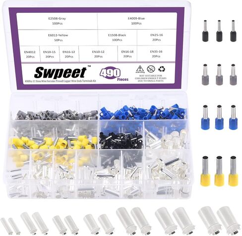 مجموعة متنوعة من موصلات الحلقات السلكية من Swpeet، 490 قطعة، AWG 2 4 6 8 10 12 14 16 حلقة سلكية فضية نهايات الأسلاك وأكمام موصل تجعيد نحاسية معزولة طرف طرفي دبوس الحبل in Saudi Arabia