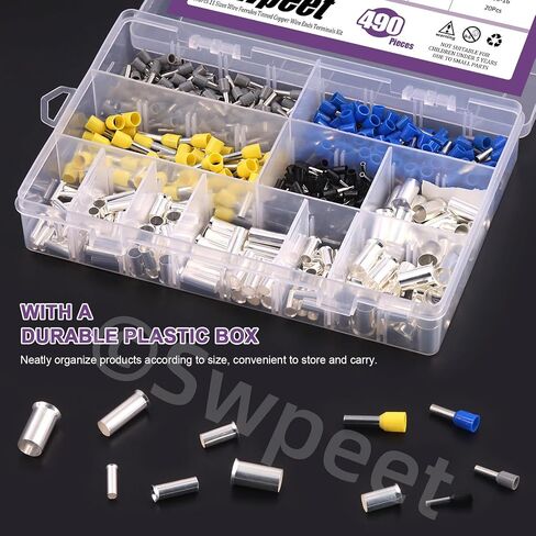 مجموعة متنوعة من موصلات الحلقات السلكية من Swpeet، 490 قطعة، AWG 2 4 6 8 10 12 14 16 حلقة سلكية فضية نهايات الأسلاك وأكمام موصل تجعيد نحاسية معزولة طرف طرفي دبوس الحبل in Saudi Arabia