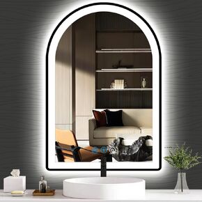 33 x 31 Inch Black Bathroom Arch Vanity Mirror with Lights Black Frame Arch LED Mirror for Bathroom Wall Arched Lighted Mirror AntiFog 3Color 33" Table Makeup Black Arch Smart Light up Mirror