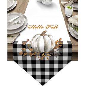 Fall Table Runner 90 inches Long Thankesgiving Pumpkin on Black Buffalo Plaid Non-Slip Washable Burlap Table Linens for Family Dinner, Outdoor or Indoor Parties, Wedding, Gathering Table Decorations