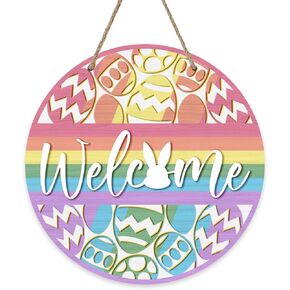 Welcome Easter Colorful Eggs Front Door Sign, Bunny Rabbit Rainbow Wood Door Hanger Outdoor Outside Porch Decor, Farmhouse Wooden Wreath Indoor Wall Hanging Decoration