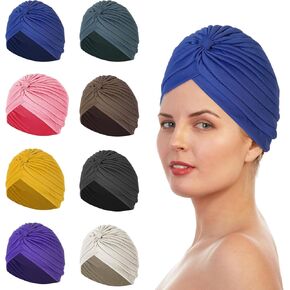 8 Pcs Soft Turbans for Women, Elastic Head Covers for Women, Pre Tied Headwrap Knot Pleated Chemo Headwear for Women Multicolor