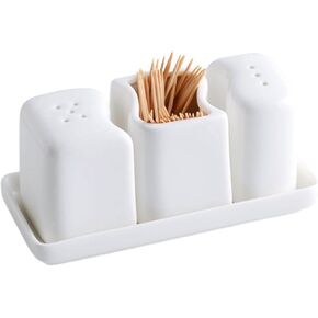 Sizikato Set of 4 Pure White Porcelain Salt and Pepper Shakers and Toothpick Holder and Tray.