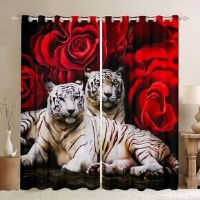 White Tiger Blackout Curtains Red Rose Curtains,Wild Animal Flowers Curtains & Drapes Brown Big Cat Fur Hair Window Curtains 2 Panels 42"Wx63"L,Woodland Wildlife Romantic Floral Room Decor