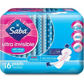 Saba, Ultra Invisible Heavy Flow Ultra Thin Long Pads with Wings, 16 Count