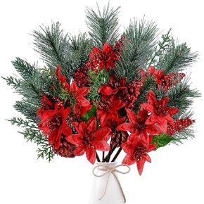 Sggvecsy 6 Pack Artificial Christmas Poinsettia Picks Faux Berries Pine Stems Berry Pine Branches with Pine Cones Poinsettia for Xmas Tree Wreath DIY Craft Floral Arrangement Holiday Decor (Silver)