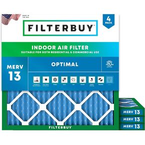 Filterbuy 18x18x1 Air Filter MERV 13 Optimal Defense (4-Pack), Pleated HVAC AC Furnace Air Filters Replacement (Actual Size: 17.75 x 17.75 x 0.75 Inches)