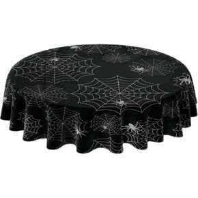 Halloween Polyester Tablecloth Fabric Round Black Spider Web Tablecloth Halloween Round Washable Table Cover for Halloween Dinning Table Decorations, 55 Inch