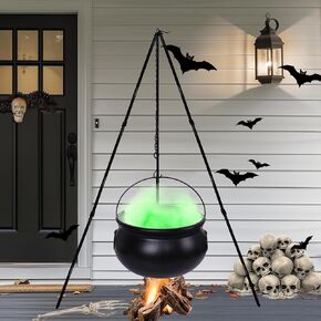 Hourleey Witches Cauldron on Tripod, Halloween Decoration Black Bowl Witches Cauldron with Green Lights, Hocus Pocus Candy Bucket for Home Porch Yard Indoor Outdoor Halloween Decor