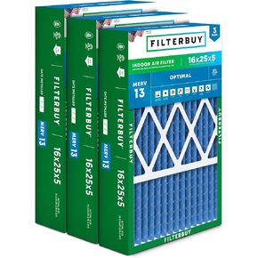 Filterbuy 16x25x5 Air Filter MERV 13 Optimal Defense (3-Pack), Pleated HVAC AC Furnace Air Filters for Honeywell FC100A1029, Lennox X6670, Carrier, Bryant, & More (Actual Size: 15.75 x 24.75 x 4.38)
