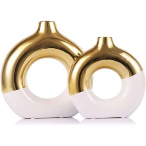 Flower Vase for Home Decor - Gold and Navy Blue Ceramic Vase Set of 2, Donut Vase for Blue Decor, Modern Boho Decorative Vase, Round Hollow Pampas Grass Vase, Dining Table, Mantel & Centerpiece