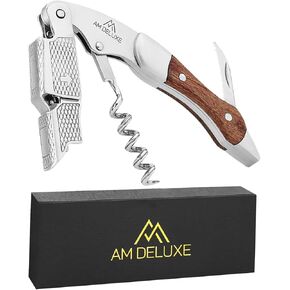 Premium AM DELUXE Waiter Corkscrew Wine Opener - Wine Key For Servers Bartenders, Heavy Duty Stainless Steel With Rosewood Inlay, Serrated Foil Cutter, Cork Screw Wine Bottle Opener, Magnetic Gift Box