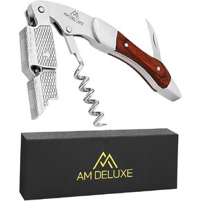 فتاحة نبيذ بريميوم AM DELUXE Waiter Corkscrew - مفتاح نبيذ لنوادل الخوادم، فولاذ مقاوم للصدأ شديد التحمل مع ترصيع خشب الورد، قاطع رقائق مسننة، فتاحة زجاجات نبيذ من الفلين، صندوق هدايا مغناطيسي