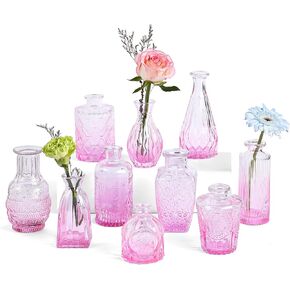 DuHouse Small Glass Vases for Flowers Set of 10,Pink Glass Bud Vase Bulk,Mini Vintage Vase for Wedding Bookshelf Office Party Events Home Decor Bathroom Kitchen Bedroom Floral Arrangement