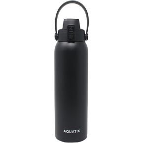 New Aquatix (Black, 32 Ounce) Pure Stainless Steel Double Wall Vacuum Insulated Sports Water Bottle Convenient Flip Top Cap with Removable Strap Handle - Keeps Drinks Cold 24 hr/Hot 6 hr