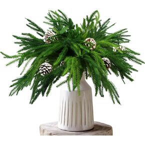 Christmas Norfolk Pine Branches, 8Pcs Christmas Greenary Stems, Artificial Norfolk Pine Stems with 6Pcs Pine Cones Picks for Christmas Wreath Garland Home Decor (8)