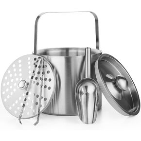 Ice Bucket with Lid, Ice Tongs, Spoon, and Strainer - Double Walled Insulated Stainless Steel to Keep Ice Frozen Longer - Perfect for Parties, Cocktail Bar, Chilling Wine, Champagne - Size 3 Liter