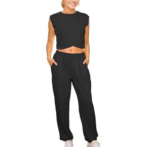 Two Piece Tracksuit Lounge Sets for Women Casual Athletic Workout Set Cropped Tops Wide Leg Sweatpants Summer