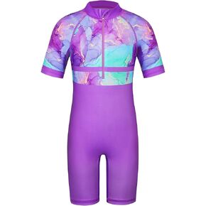 TFJH E Short Sleeve Girls Swimwear 1pcs Rashguard Sunsuits Sun Protection 50+ Swimsuits 461 Pink Leaves Short 10A