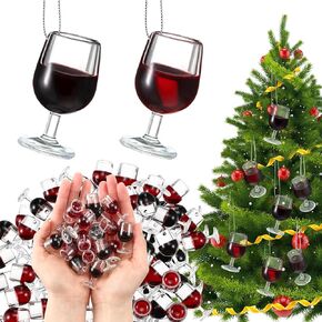 Poen 36 Pcs 3D Mini Christmas Wine Cup Ornaments with 40 Pcs Silver Hanging Rope Wine Theme Miniature Ornaments Acrylic Wine Cup Ornament for Christmas Tree Party Decoration (Burgundy, Yellow, Gold)