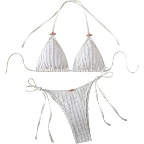 WDIRARA Women's 2 Piece Backless Tie Back Halter Tie Side Swimwear Set Floral Decor Triangle Bikini Swimsuit Sets