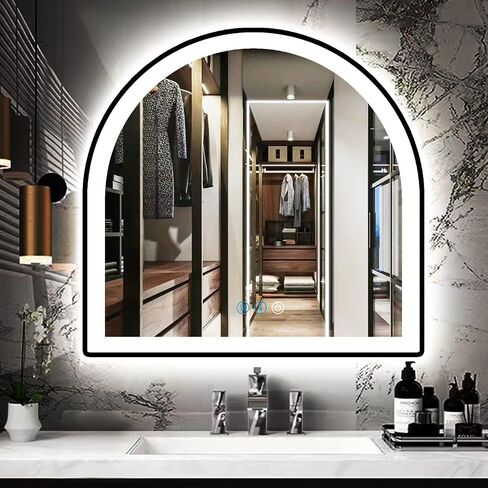 مرآة الغرور بقوس الحمام الأسود مقاس 33 × 31 بوصة مع أضواء بإطار أسود ومرآة LED لجدار الحمام ومرآة مضاءة مضادة للضباب 3 ألوان 33 بوصة مرآة مكياج ذكية بقوس أسود in Saudi Arabia