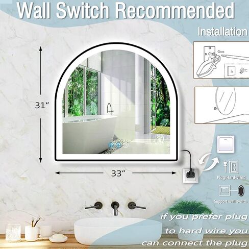 مرآة الغرور بقوس الحمام الأسود مقاس 33 × 31 بوصة مع أضواء بإطار أسود ومرآة LED لجدار الحمام ومرآة مضاءة مضادة للضباب 3 ألوان 33 بوصة مرآة مكياج ذكية بقوس أسود in Saudi Arabia