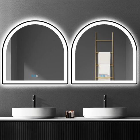 مرآة الغرور بقوس الحمام الأسود مقاس 33 × 31 بوصة مع أضواء بإطار أسود ومرآة LED لجدار الحمام ومرآة مضاءة مضادة للضباب 3 ألوان 33 بوصة مرآة مكياج ذكية بقوس أسود in Saudi Arabia