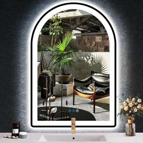 مرآة الغرور بقوس الحمام الأسود مقاس 33 × 31 بوصة مع أضواء بإطار أسود ومرآة LED لجدار الحمام ومرآة مضاءة مضادة للضباب 3 ألوان 33 بوصة مرآة مكياج ذكية بقوس أسود in Saudi Arabia