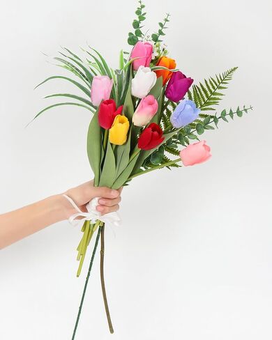 DuHouse 12pcs Artificial Tulips Flowers Real Touch Tulip Bouquets in Bulk Fake Tulips Flowers for Home Kitchen Decoration Wedding Party with Box in Kuwait