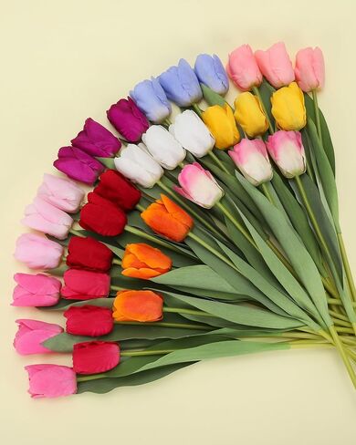 DuHouse 12pcs Artificial Tulips Flowers Real Touch Tulip Bouquets in Bulk Fake Tulips Flowers for Home Kitchen Decoration Wedding Party with Box in Kuwait