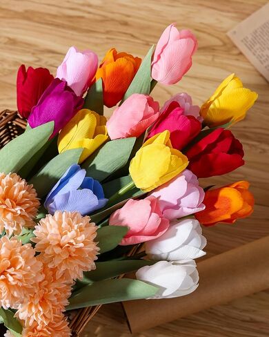 DuHouse 12pcs Artificial Tulips Flowers Real Touch Tulip Bouquets in Bulk Fake Tulips Flowers for Home Kitchen Decoration Wedding Party with Box in Kuwait