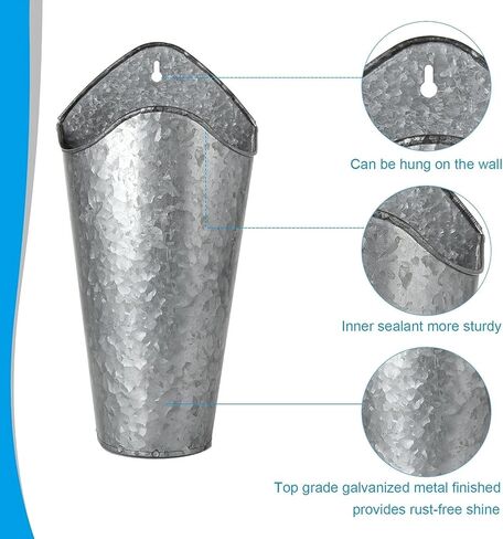 rhblme 2 حزمة 12 بوصة المجلفن الجدار المزارع الجدار مزهرية الجدار للنباتات الاصطناعية الزهور، الفضة ريفي شنقا وهمية الزهور حامل البلد المنزل غرفة نوم غرفة المعيشة ديكور in Kuwait