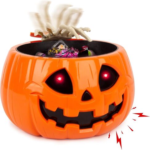 زخارف وعاء حلوى الهالوين المتحركة - وعاء حلوى اليقطين المنشط بالحركة مع صوت زاحف، يد جمجمة، عيون متوهجة، للخدعة أو العلاج، وعاء حلوى تزيين حفلات الهالوين الداخلي in Kuwait