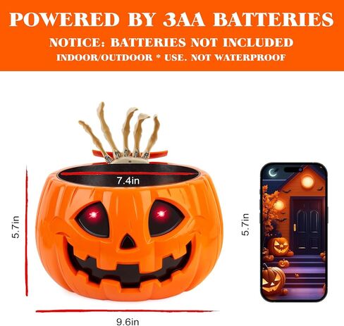 زخارف وعاء حلوى الهالوين المتحركة - وعاء حلوى اليقطين المنشط بالحركة مع صوت زاحف، يد جمجمة، عيون متوهجة، للخدعة أو العلاج، وعاء حلوى تزيين حفلات الهالوين الداخلي in Kuwait