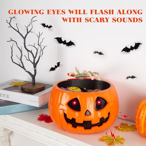 زخارف وعاء حلوى الهالوين المتحركة - وعاء حلوى اليقطين المنشط بالحركة مع صوت زاحف، يد جمجمة، عيون متوهجة، للخدعة أو العلاج، وعاء حلوى تزيين حفلات الهالوين الداخلي in Kuwait