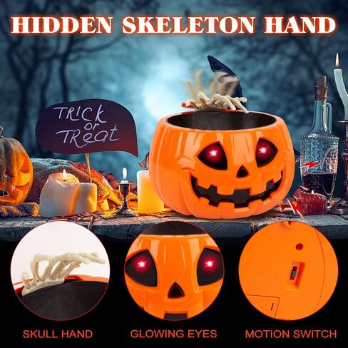 زخارف وعاء حلوى الهالوين المتحركة - وعاء حلوى اليقطين المنشط بالحركة مع صوت زاحف، يد جمجمة، عيون متوهجة، للخدعة أو العلاج، وعاء حلوى تزيين حفلات الهالوين الداخلي in Kuwait