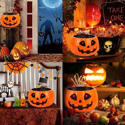 زخارف وعاء حلوى الهالوين المتحركة - وعاء حلوى اليقطين المنشط بالحركة مع صوت زاحف، يد جمجمة، عيون متوهجة، للخدعة أو العلاج، وعاء حلوى تزيين حفلات الهالوين الداخلي in Kuwait