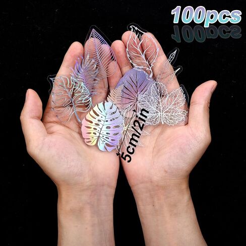 100Pcs Holographic Glitter Stickers, Laser Transparent Scrapbook Stickers Various Plants Butterflies Patterns Decals Waterproof Self-Adhesive Transparent Decorative Stickers Lab(Leaf) in Saudi Arabia