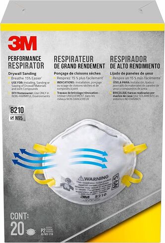 جهاز تنفس 3M N95 Performance 8210، 20 عبوة، صنفرة للجدران الجافة، معتمد من NIOSH-N95، وسائط ترشيح متقدمة لسهولة التنفس، رغوة أنف مبطنة، مشبك أنف قابل للتعديل، أشرطة قابلة للتمدد (8210D20-DC) in Saudi Arabia
