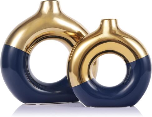 Flower Vase for Home Decor - Gold and Navy Blue Ceramic Vase Set of 2, Donut Vase for Blue Decor, Modern Boho Decorative Vase, Round Hollow Pampas Grass Vase, Dining Table, Mantel & Centerpiece in Saudi Arabia