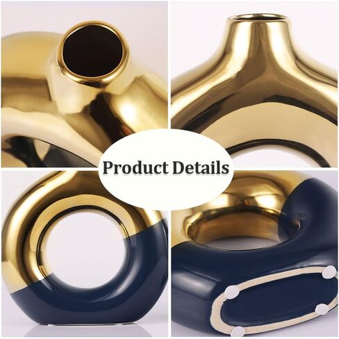 Flower Vase for Home Decor - Gold and Navy Blue Ceramic Vase Set of 2, Donut Vase for Blue Decor, Modern Boho Decorative Vase, Round Hollow Pampas Grass Vase, Dining Table, Mantel & Centerpiece in Saudi Arabia