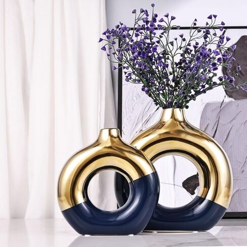 Flower Vase for Home Decor - Gold and Navy Blue Ceramic Vase Set of 2, Donut Vase for Blue Decor, Modern Boho Decorative Vase, Round Hollow Pampas Grass Vase, Dining Table, Mantel & Centerpiece in Saudi Arabia