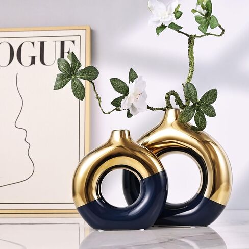 Flower Vase for Home Decor - Gold and Navy Blue Ceramic Vase Set of 2, Donut Vase for Blue Decor, Modern Boho Decorative Vase, Round Hollow Pampas Grass Vase, Dining Table, Mantel & Centerpiece in Saudi Arabia