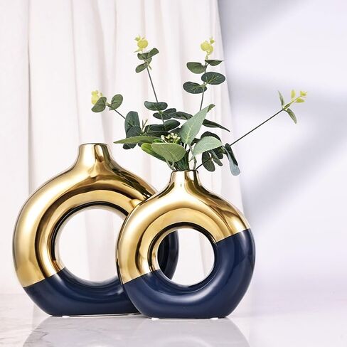 Flower Vase for Home Decor - Gold and Navy Blue Ceramic Vase Set of 2, Donut Vase for Blue Decor, Modern Boho Decorative Vase, Round Hollow Pampas Grass Vase, Dining Table, Mantel & Centerpiece in Saudi Arabia