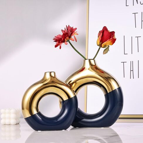 Flower Vase for Home Decor - Gold and Navy Blue Ceramic Vase Set of 2, Donut Vase for Blue Decor, Modern Boho Decorative Vase, Round Hollow Pampas Grass Vase, Dining Table, Mantel & Centerpiece in Saudi Arabia