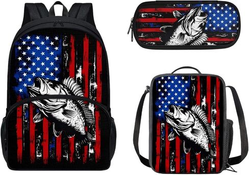 Binienty American Flag School Backpack for Girls 3 In 1 Bass Fish Lightweight Bookbag Lunch Box Pencil Case Set for Preschool Kindergarten Elementary Kids in Saudi Arabia