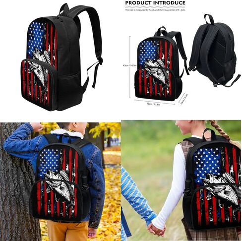Binienty American Flag School Backpack for Girls 3 In 1 Bass Fish Lightweight Bookbag Lunch Box Pencil Case Set for Preschool Kindergarten Elementary Kids in Saudi Arabia